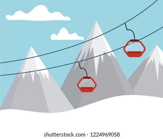 Red ski Lift Gondolas moving in winter  Snow Mountains. Flat cartoon style vector illustration.