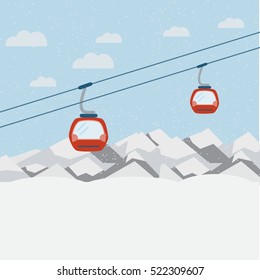 Red ski Lift Gondolas moving in Snow Mountains