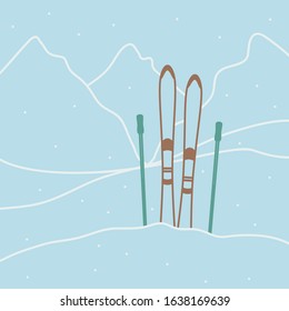 Red ski with ski poles - vector illustration