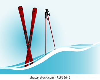 Red ski and ski sticks on blue wave