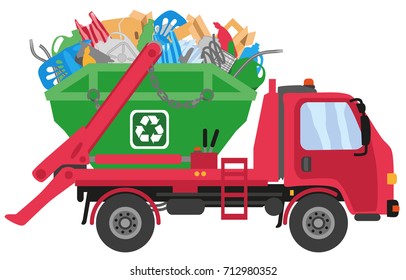 Red Skip Truck Transporting Recycling