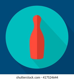 Red skittle. Vector icon of a red bowling pin with long shadow in flat pictograph. 