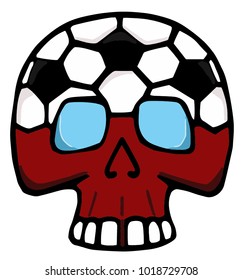 Red skull in blue glasses with head as the ball - soccer, football skull