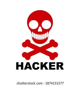 Red skull with bones and the inscription hacker on a white background, sign for design, vector illustration