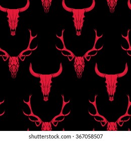 Red skull of a deer and a bull on black background Vector seamless pattern