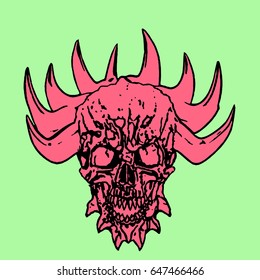 Red skull of a demon with crown of thorns. Vector illustration on green background.