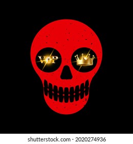 Red skull in the eyes of a golden vip and crown on a black background, vector illustration
