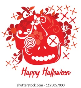 Red skull floral vector design with the text Happy Halloween
