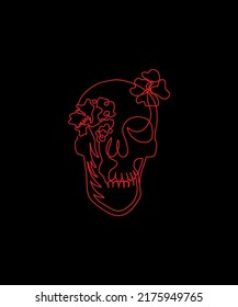 Red skull with flowers on a black background drawn in one line. For Halloween, Dia de los Muertos. Vector illustration in minimal style.