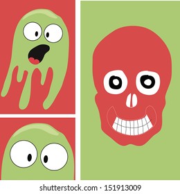 a red skull with a happy face and two green ghosts