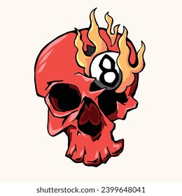 Cabeza de cráneo roja 8 bolas de billar en ilustración del vector de incendio. diseño gráfico del vector de llama de cráneo