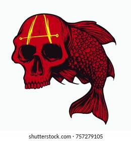 red skull head fish drawing illustration