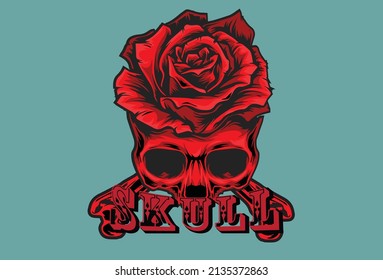 Red Skull Illustration with Flower and Bone.