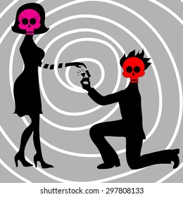 Red skull man stands on one knee and offers the  pink skull woman to marry him