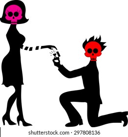 Red skull man stands on one knee and offers the  pink skull woman to marry him