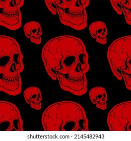 Calavera roja sobre fondo negro, patrón sin soldadura, textura para el diseño de tela, papel pintado y baldosas, ilustración vectorial