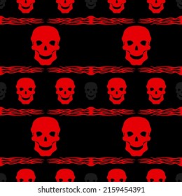 Red skull on black background, seamless pattern, texture for fabric, wallpaper and tile, vector illustration