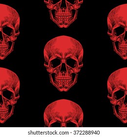 Red skull on a black background. Vector seamless pattern