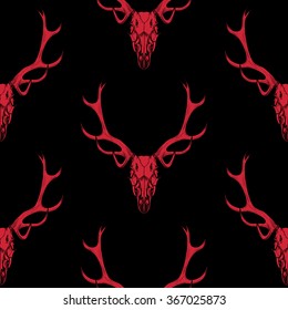 Red skull on a black background.Vector seamless pattern
