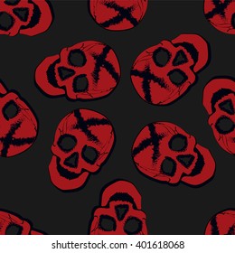 Red skull on a dark-grey background. Vector seamless pattern.