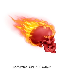 Red Skull on Fire with Flames. Illustration of Speeding Flaming Skull from the Side on White Background