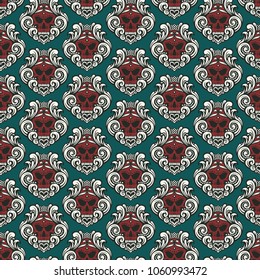 red skull and white heart floral shape form seamless pattern on blue background repeated hand drawing