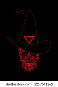 Red skull witch with hat, horror Halloween black background illustration.