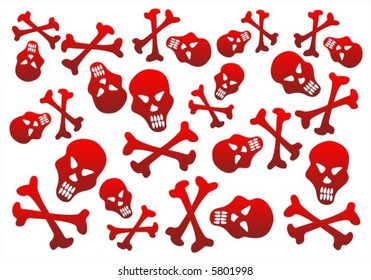 Red skulls and bones on a white background.