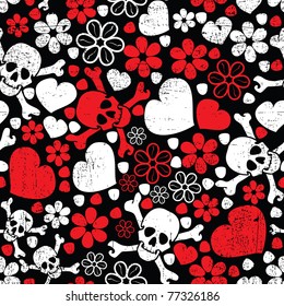 Red skulls in flowers and hearts on black background - seamless pattern