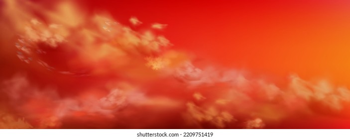 Red sky with fluffy clouds at sunset. Summer cloudy panorama, beautiful atmosphere landscape in red sunshine, heavens at evening, vector realistic illustration