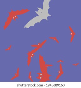 Red Sky Grey Chaos Flying Bats Art Pattern. Motion Scary Print Spooky Halloween Modern Design. Attack Gothic Retro Night Wallpaper. Pink Creepy Colorful Eyes Purple Bats Vector Design Pic.