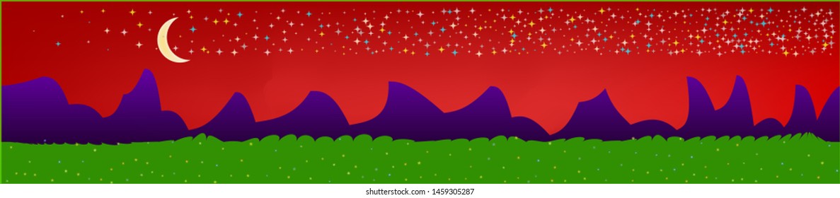 Red sky, and mountains landscape. Abstract, horizontal texture background picture. Colorful skinali background abstraction. New glass print fantasy. Horizon, smoot. Old game style.