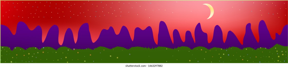 Red sky, and mountains landscape. Abstract, horizontal texture background picture. Colorful skinali background abstraction. Pure glass print fantasy. Horizon, blend. Old game style.