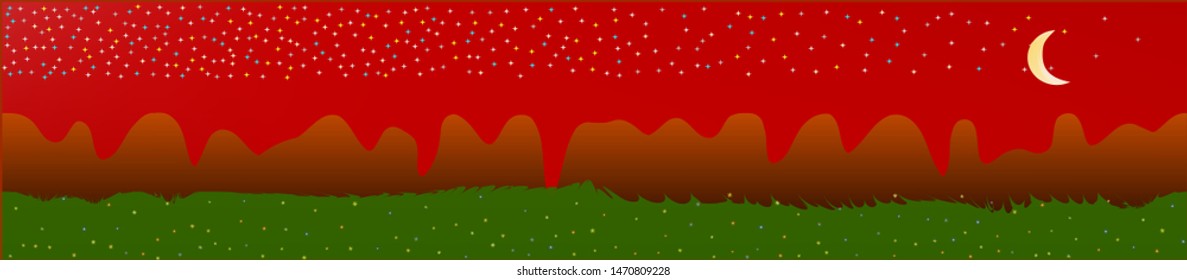 Red sky, and mountains landscape. Fairy tale panoramic landscape. Landscape fable. Cool glass print fantasy. Horizon, texture. Old game style.