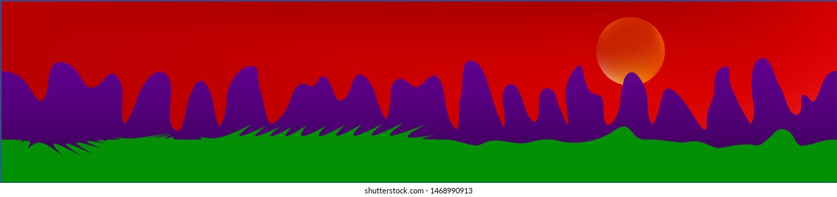 Red sky, and mountains landscape. Game style panaramic pattern. Concept skinali mesh pattern. Pristine glass print fantasy. Horizon, light. Old game style.