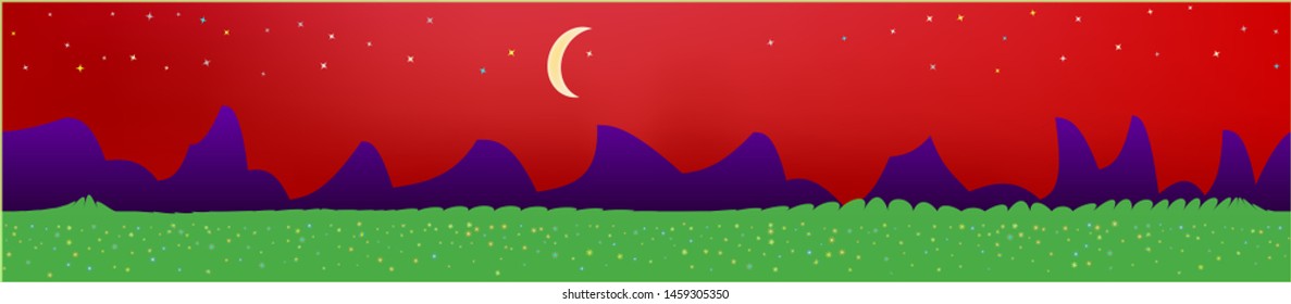Red sky, and mountains landscape. Light glass print panaramic design. Glass print skinali light and dark. Clear glass print fantasy. Horizon, graphic. Old game style.