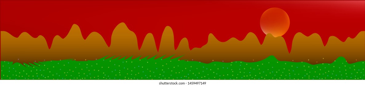 Red sky, and mountains landscape. Light colorful skinali art design. Wide artistic view. Pure glass print fantasy. Horizon, graphic. Old game style.
