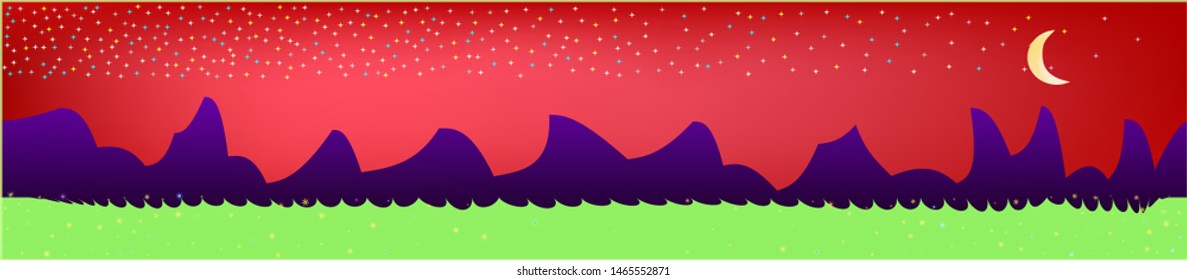 Red sky, and mountains landscape. Light colorful skinali art design. Wide artistic view. Pure glass print fantasy. Horizon, modern. Old game style.