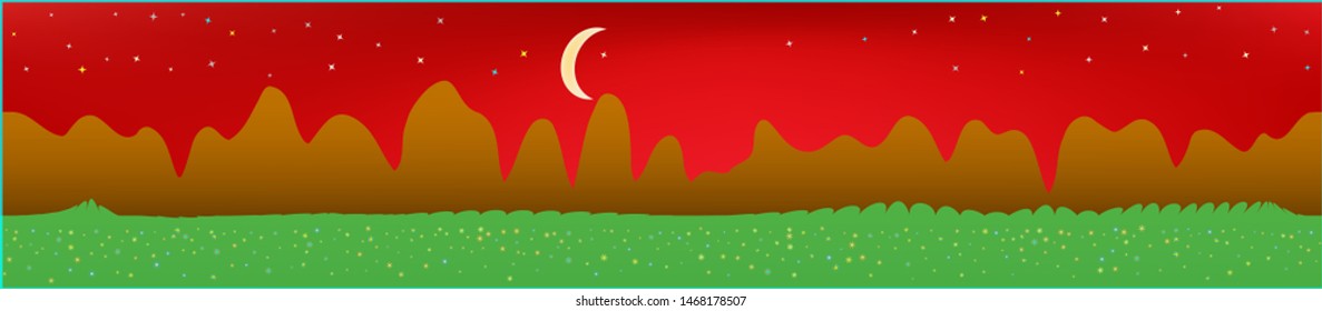 Red sky, and mountains landscape. Light glass print panaramic design. Glass print skinali light and dark. Clear glass print fantasy. Horizon, texture. Old game style.