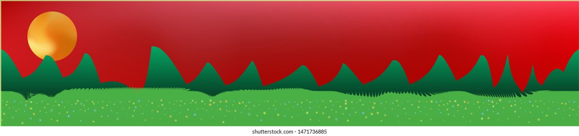 Red sky, and mountains landscape. Light colorful skinali art design. Wide artistic view. Pristine glass print fantasy. Horizon, modern. Old game style.