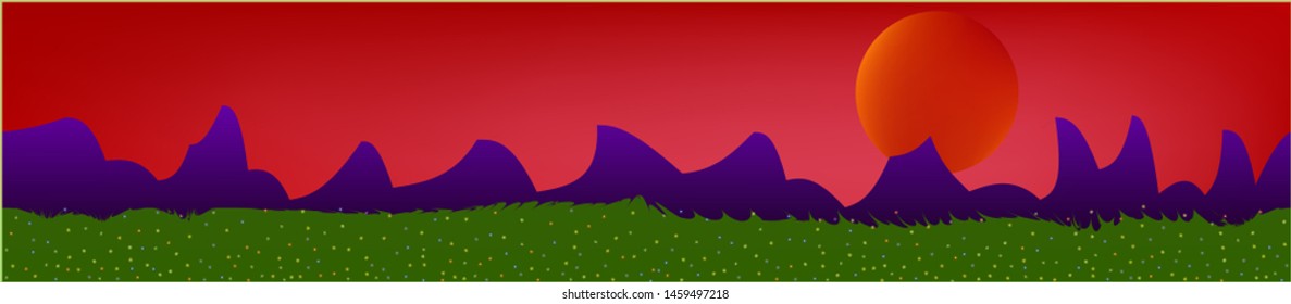 Red sky, and mountains landscape. Panoramic horizontal design. Trendy panoramic design. Clear glass print fantasy. Horizon, unused. Old game style.