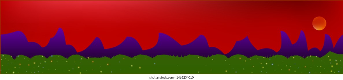 Red sky, and mountains landscape. Panoramic horizontal design. Trendy panoramic design. Breezy glass print fantasy. Horizon, bright. Old game style.