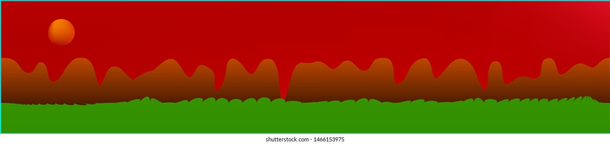 Red sky, and mountains landscape. Panoramic horizontal design. Trendy panoramic design. Fresh glass print fantasy. Horizon, unused. Old game style.