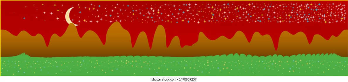 Red sky, and mountains landscape. Plain horizontal background illustration. Trendy fairy tale plain design. Breezy glass print fantasy. Horizon, modern. Old game style.