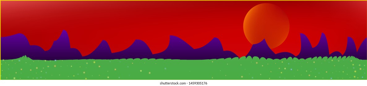 Red sky, and mountains landscape. Texture background illustration design. Colorful new glass print design. Breezy glass print fantasy. Horizon, mesh. Old game style.