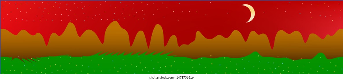 Red sky, and mountains landscape. Texture background illustration design. Colorful new glass print design. Pristine glass print fantasy. Horizon, graphic. Old game style.