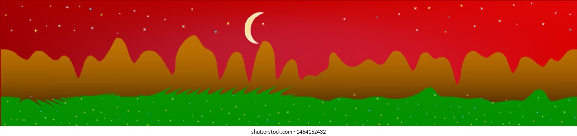 Red sky, and mountains landscape. Wide horizontal background. Trendy modern skinali design. New glass print fantasy. Horizon, blend. Old game style.