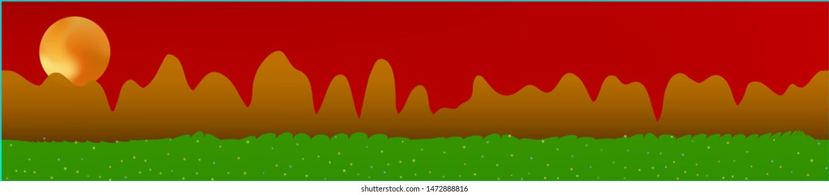 Red sky, and mountains landscape. Wide horizontal background. Trendy modern skinali design. Pure glass print fantasy. Horizon, light. Old game style.