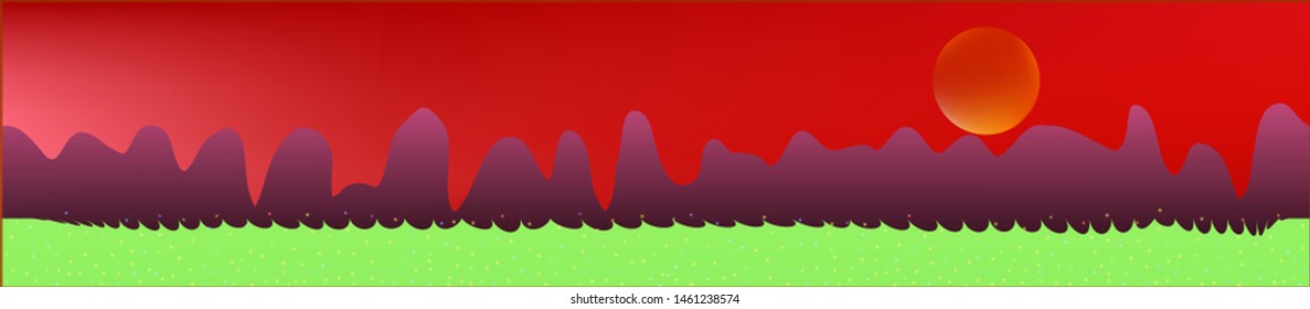 Red sky, and mountains landscape. Wonderful landscape texture background. Colorful horizontal pattern texture. Breezy glass print fantasy. Horizon, texture. Old game style.