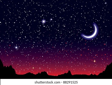 Red sky at night with starry landscape and mountains